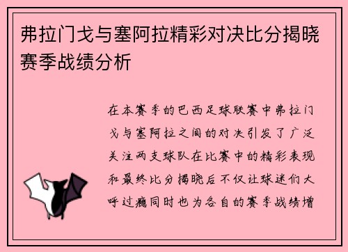 弗拉门戈与塞阿拉精彩对决比分揭晓赛季战绩分析